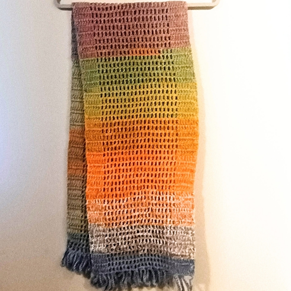Vintage Handmade Crocheted Gradient Scarf in Orange, Yellow & Blue - Picture 2 of 4